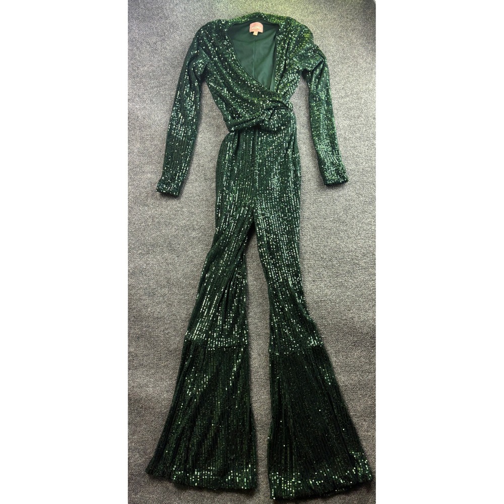 Show Me Your Mumu Jumpsuit Womens XS Green Sequin Wrap Flare Leg Long Sleeve